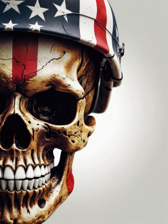 Skull with american flag and helmet. 3d illustration.の素材