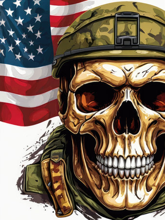 Skull of soldier with American flag on background. Vector illustration.の素材
