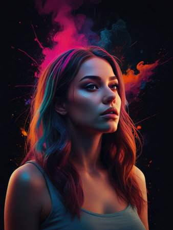 Portrait of a beautiful young woman with colorful smoke in her hair.の素材