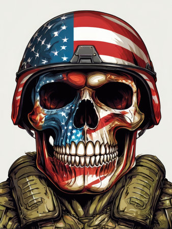 Skull with American flag on white background. 3d illustration.の素材