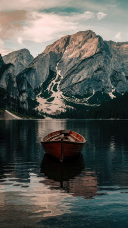 A small wooden rowboat sits still on a calm mountain lake, reflecting the surrounding majestic mountains and serene sky.の素材