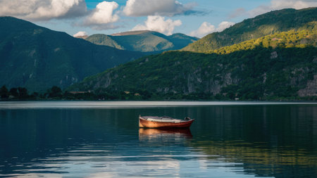 A small wooden boat rests on a calm mountain lake, reflecting the serene surrounding landscape.の素材