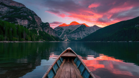 A wooden boat floats on a calm mountain lake reflecting a vibrant sunset sky and surrounding peaks.の素材