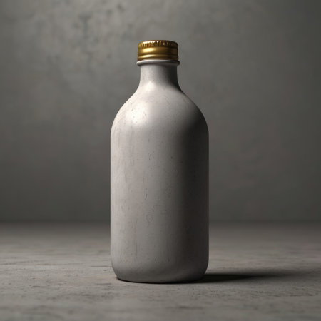 The image shows a single, white bottle with a gold cap on a grey concrete surface against a blurred grey background.の素材