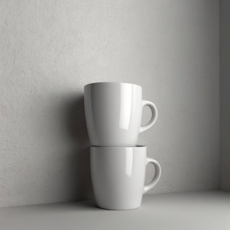 White coffee cups on the shelf in the room. 3d renderingの素材