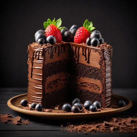 A decadent chocolate cake layered with chocolate frosting, topped with fresh strawberries and blueberries, and served on a wooden plate.の素材