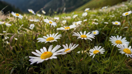 A close-up view of numerous white daisies blooming in a lush green mountain meadow, showcasing their delicate petals and yellow centers.の素材
