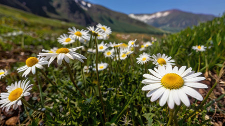 A close-up view of numerous white daisies blooming in a lush green mountain meadow, with a blurred mountain backdrop.の素材