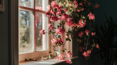 A vibrant arrangement of pink flowers adorns a sunlit windowsill, creating a serene and beautiful scene.の素材