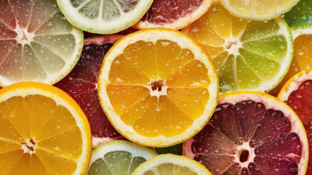 A close-up image showcases a colorful array of citrus fruit slices, including oranges, lemons, limes, and grapefruits, creating a vibrant and refreshing visual.の素材