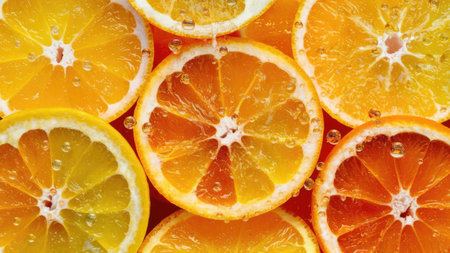 A close-up image showcasing several vibrant orange slices glistening with water droplets.の素材