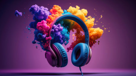 Headphones with colorful smoke. Music concept. 3D Renderingの素材