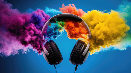 Headphones with colorful smoke on a blue background. Music concept.の素材