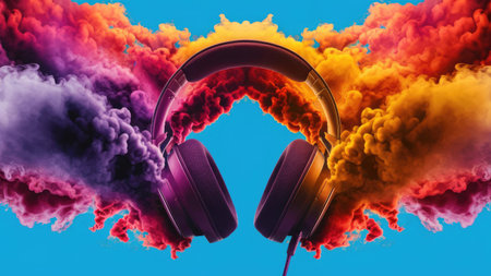 Headphones and colorful smoke on a blue background. 3d renderingの素材