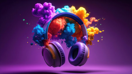 3d rendering of headphones with colorful cloud explosion on purple background.の素材