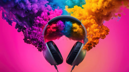 Headphones and colorful smoke isolated on a pink background. 3d renderingの素材
