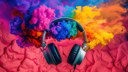 Headphones and colorful smoke on a pink background. Music concept.の素材