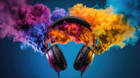 Headphones with colorful smoke on a blue background. Music concept.の素材