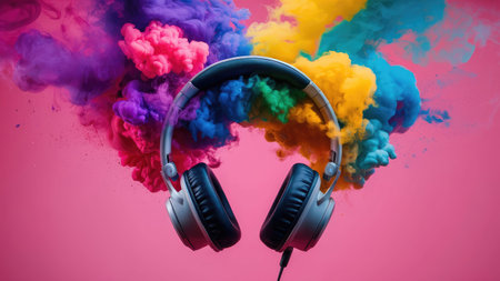 Headphones with colorful smoke on a pink background. Music concept.の素材