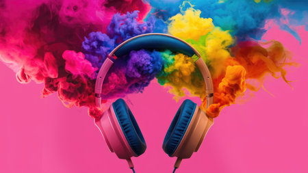 Headphones with colorful smoke isolated on pink background. Music concept.の素材