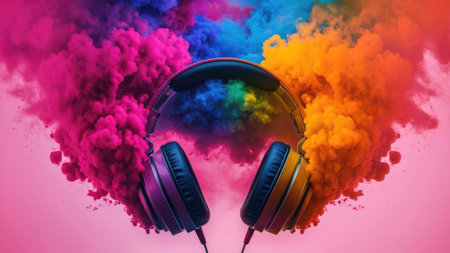 Headphones and colorful smoke on a pink background. 3d renderingの素材