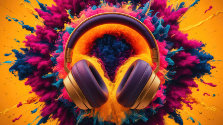 3d rendering of headphones with colorful explosion background. Music concept.の素材