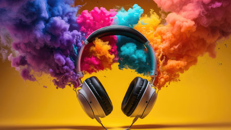 Headphones with colorful smoke and cloud on yellow background. 3d renderingの素材