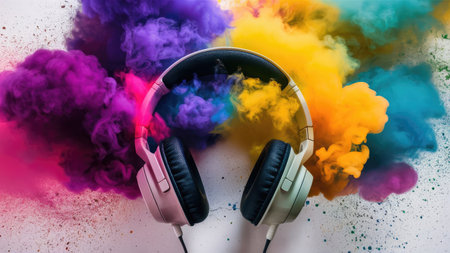 Close up of headphones and colorful smoke on white background. Music conceptの素材