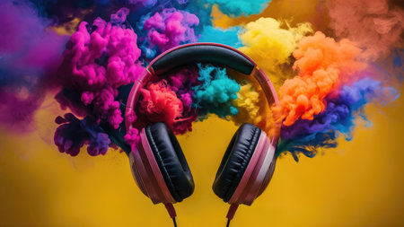 Headphones and colorful smoke on a yellow background. Music concept.の素材
