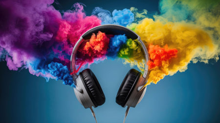 Headphones with colorful smoke on a blue background. Music concept.の素材
