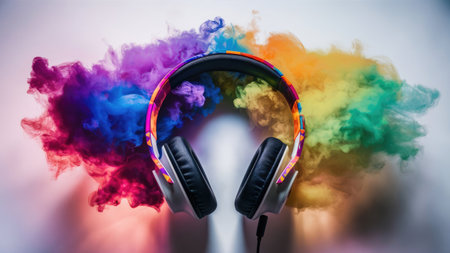 Headphones with colorful smoke on a white background. Music concept.の素材