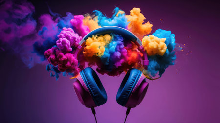 Headphones and cloud of colorful smoke. Music concept. 3D Renderingの素材