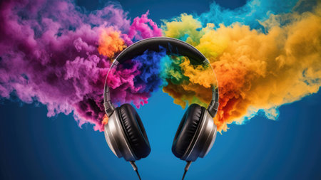 Headphones with colorful smoke on a blue background. Music concept.の素材