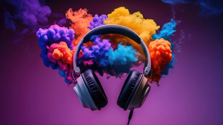 Headphones and colorful smoke on a dark background. Music concept.の素材