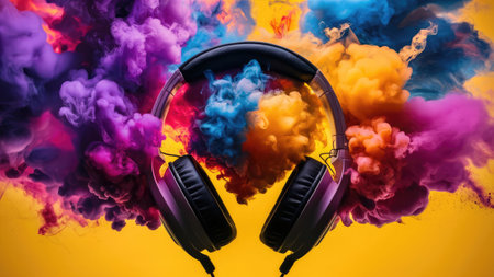 Headphones with colorful smoke on a yellow background. Music concept.の素材