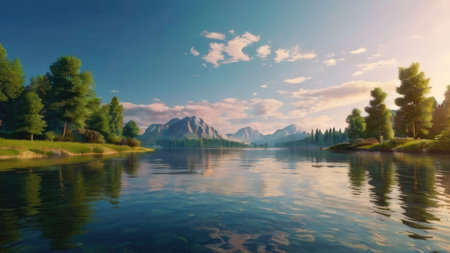 Beautiful summer landscape with mountains on the background of the lake.の素材