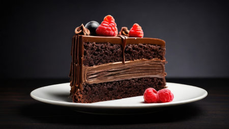 A single slice of decadent chocolate cake with raspberry and chocolate garnish sits on a white plate.の素材