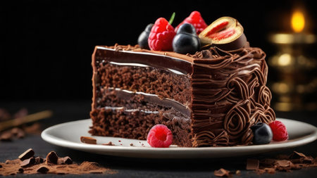 A decadent slice of chocolate cake topped with fresh raspberries and blueberries sits on a white plate.の素材