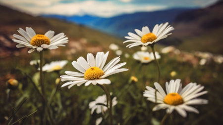 White daisies in the mountains. Beautiful meadow with daisies.の素材