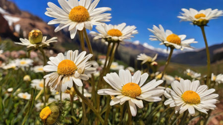 A cluster of white daisies with yellow centers thrives in a sunny mountain meadow.の素材