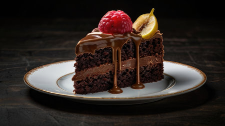 A decadent slice of chocolate cake adorned with a raspberry and fig, drizzled with chocolate ganache, sits on an elegant plate.の素材