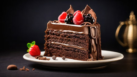 A decadent slice of chocolate cake, adorned with fresh raspberries and blackberries, rests on a white plate against a dark background.の素材
