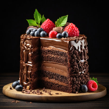 A decadent three-layered chocolate cake adorned with fresh raspberries, blueberries, and mint.の素材