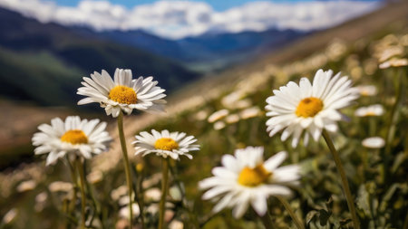 Several white daisies with yellow centers are in sharp focus against a blurry mountain background.の素材