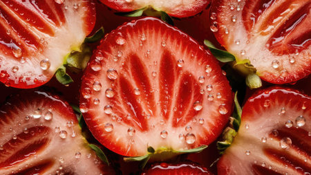 A close-up image showcases multiple slices of juicy strawberries, glistening with water droplets.の素材