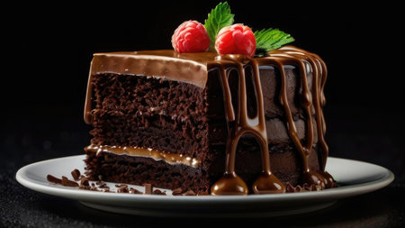 A delectable chocolate cake slice, topped with raspberries and chocolate ganache, sits on a white plate.の素材