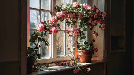Two potted pink rose plants bask in sunlight on a weathered windowsill, creating a tranquil scene.の素材