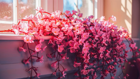 A vibrant display of pink flowers spills over a windowsill bathed in sunlight creating a serene and beautiful scene.の素材