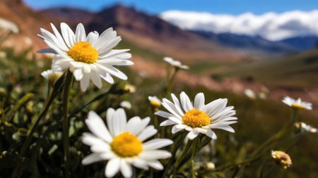 Three daisies in sharp focus are prominent against a blurred background of mountains and a field of other daisies.の素材