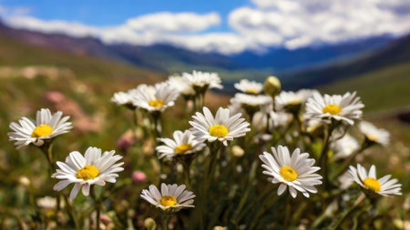 A cluster of white daisies with yellow centers thrives in a mountain meadow under a bright sunny sky.の素材